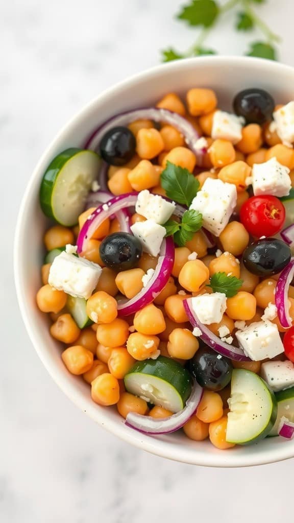 A vibrant Mediterranean Chickpea Salad Bowl filled with chickpeas, cucumbers, olives, feta cheese, red onions, and cherry tomatoes.