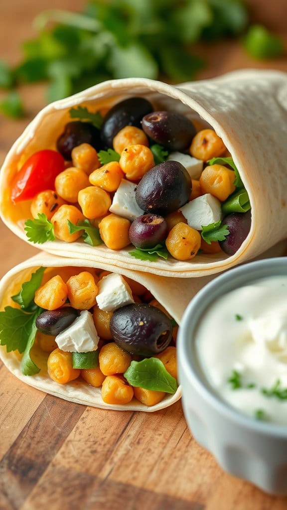 Two Mediterranean chickpea wraps filled with chickpeas, olives, and fresh vegetables, served with a side of yogurt.