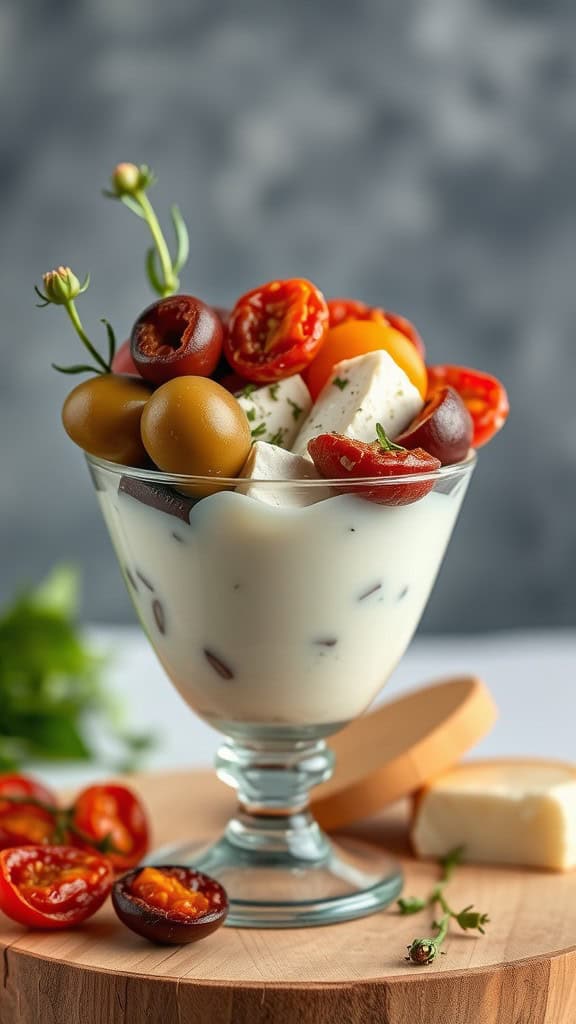 A Mediterranean charcuterie cup filled with olives, tomatoes, and feta cheese