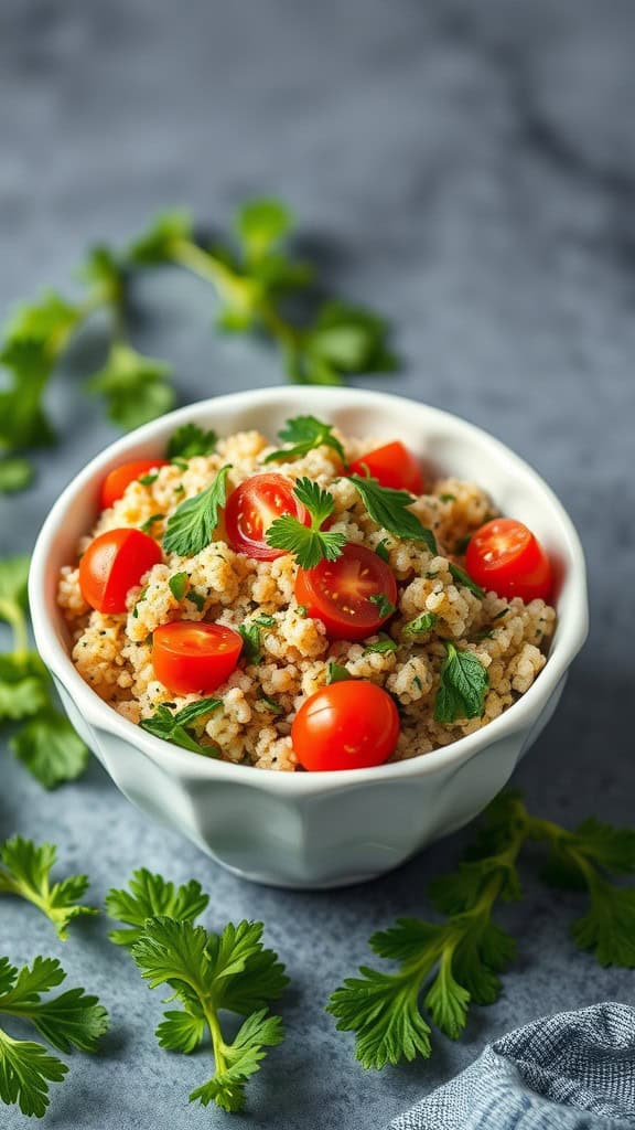 A bowl of Mediterranean Quinoa Tabbouleh with cherry tomatoes and fresh herbs.