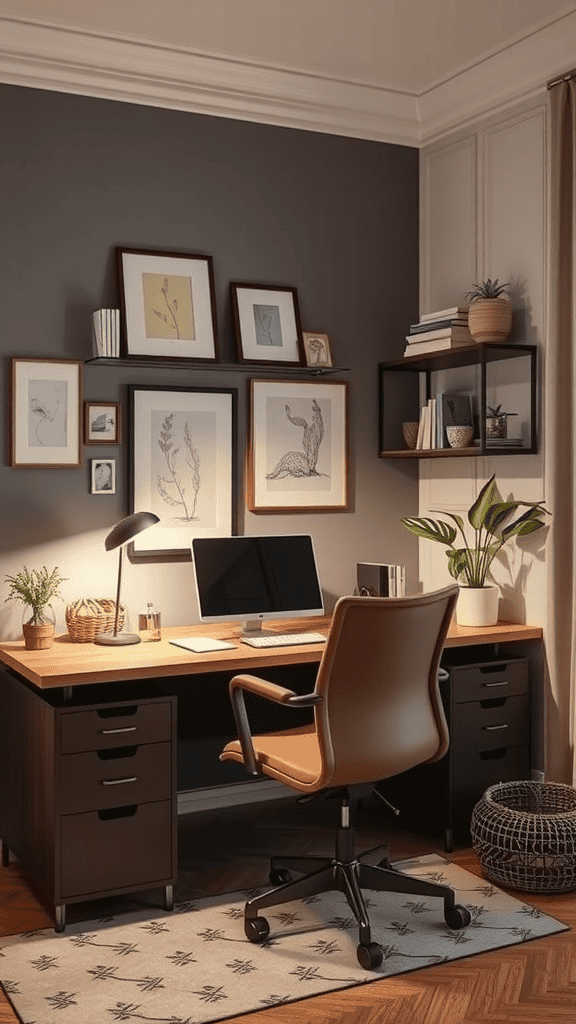 A cozy workspace featuring a desk with a computer, framed art on the wall, and plants.