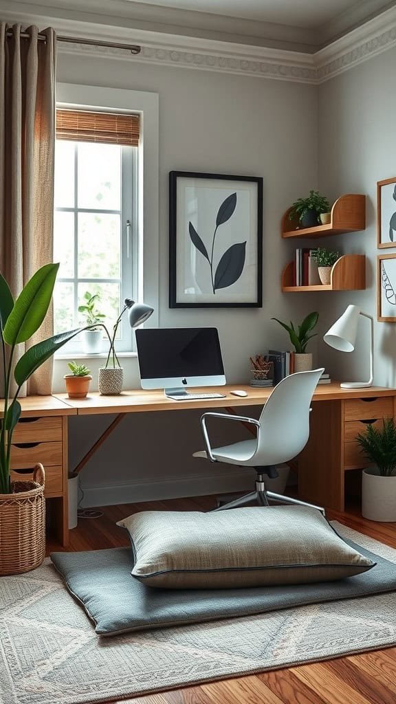 A modern and feminine home office with a wooden desk, computer, plants, and a cozy pillow for meditation.