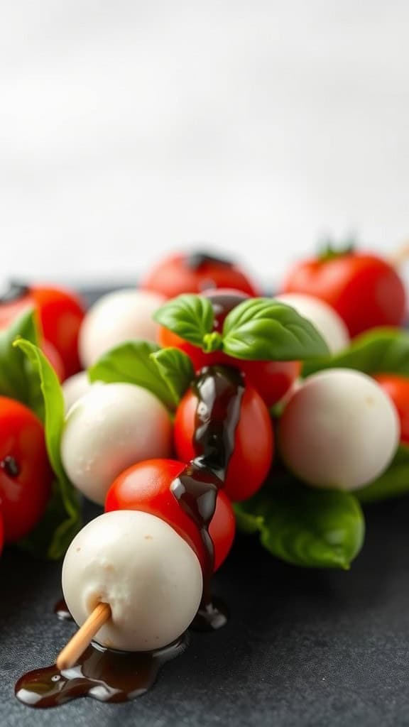 Colorful mini Caprese salad bites with cherry tomatoes, mozzarella, and basil drizzled with balsamic glaze.