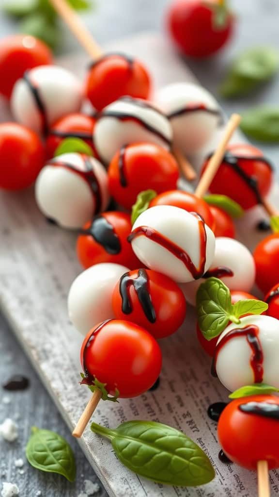 Mini Caprese skewers with cherry tomatoes, mozzarella balls, and fresh basil, drizzled with balsamic glaze.