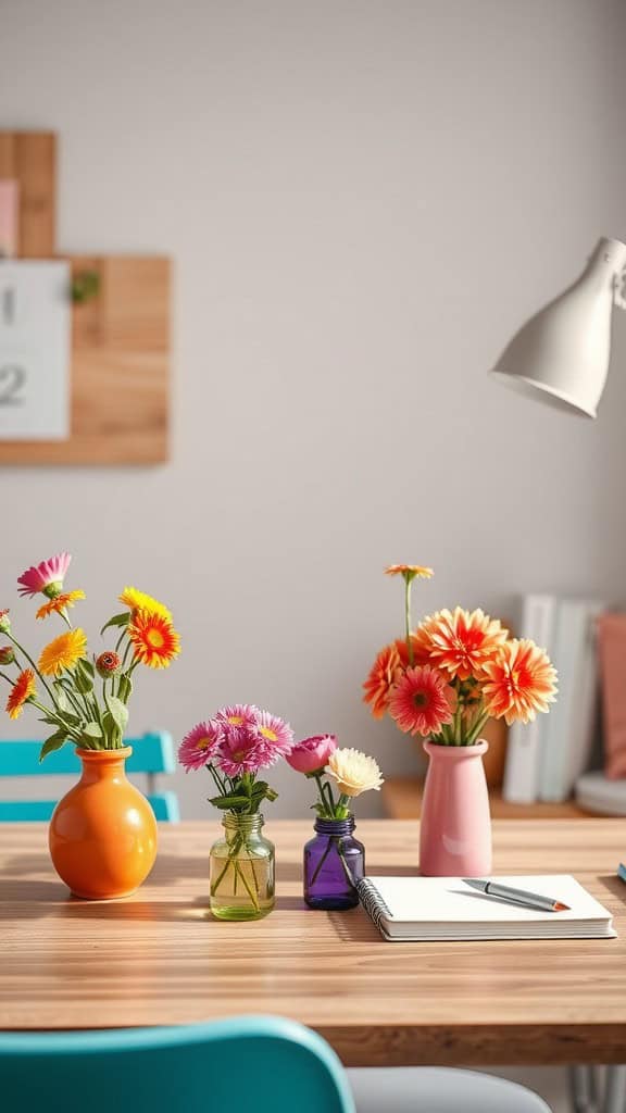 Colorful mini floral arrangements in various vases on a wooden table