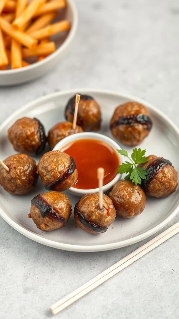 Plate of mini meatballs with dipping sauce and fries