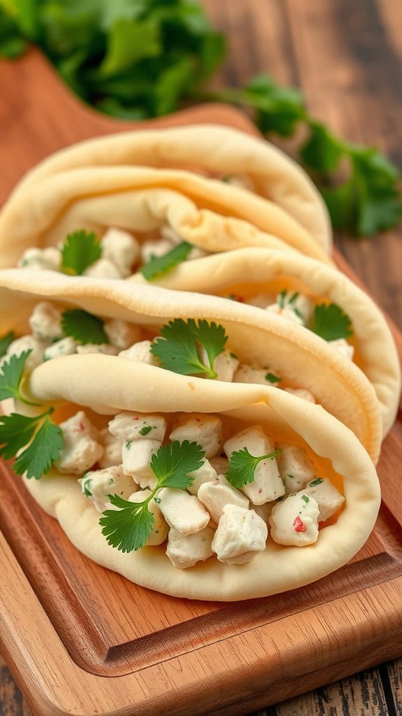 Mini pita pockets filled with chicken salad on a wooden board