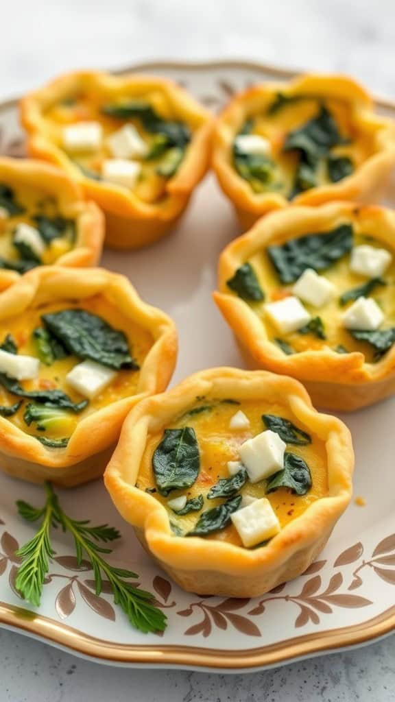 Mini quiches filled with spinach and feta on a decorative plate.