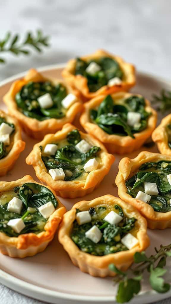 Cute mini quiches with spinach and feta arranged on a plate.