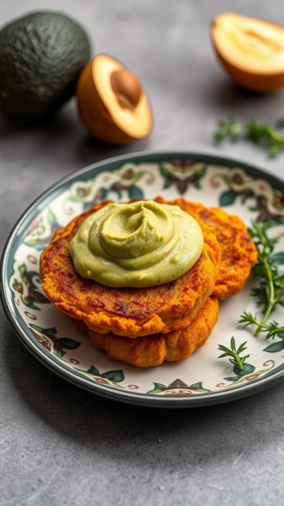 Mini sweet potato cakes topped with avocado cream on a decorative plate.