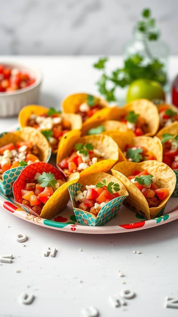 Mini taco cups filled with fresh toppings on a colorful plate