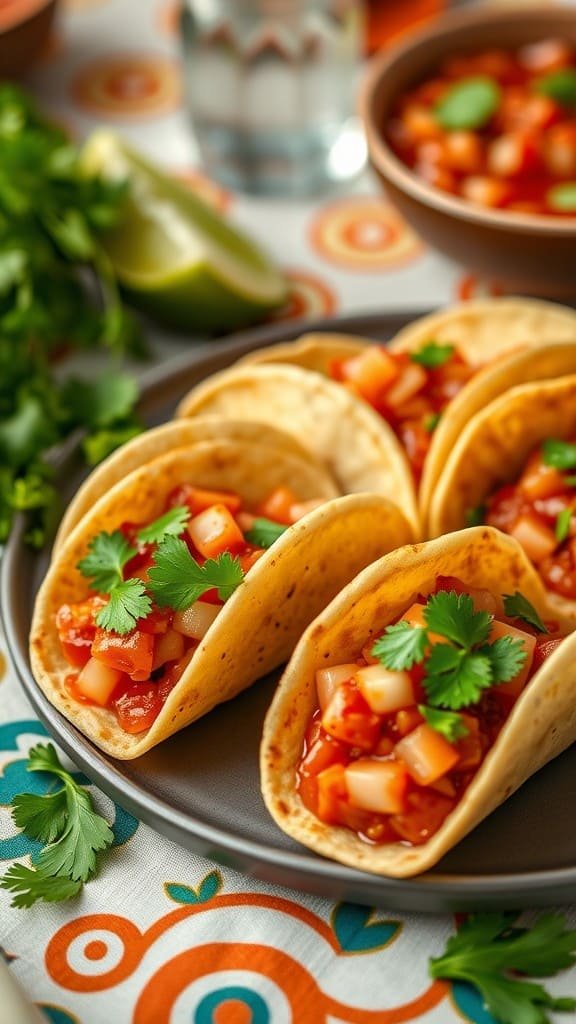 A plate of mini tacos filled with spicy salsa and topped with fresh cilantro, accompanied by lime wedges.