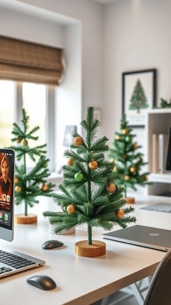 Desk with miniature Christmas trees and a laptop