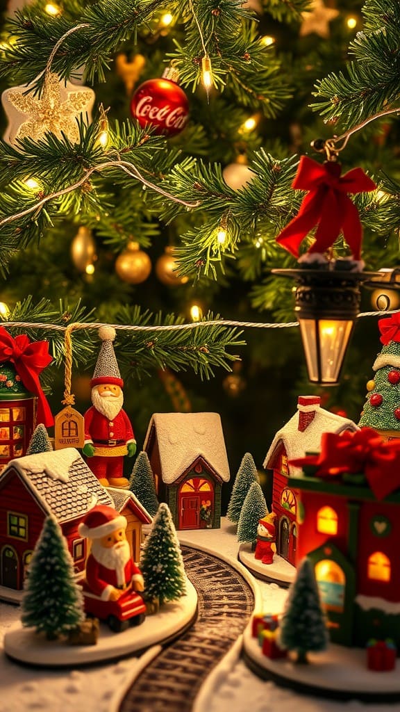 A festive display of miniature Christmas village with houses, trees, and Santa figurine.