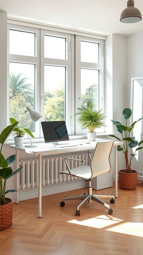 A bright and cozy home office with large windows, a simple desk, a comfortable chair, and potted plants.