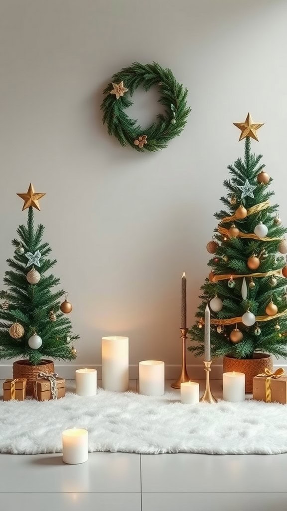 Minimalist Christmas decor featuring two small trees, candles, and a wreath.