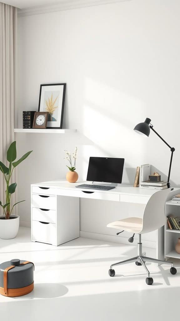 A minimalist home office with a white desk, chair, and potted plants in a bright room.