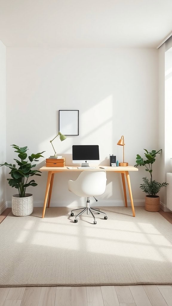 Minimalist workspace with desk, chair, computer, and plants