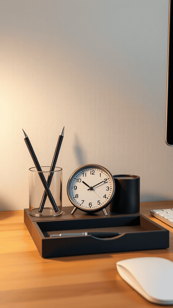 A minimalist desk setup featuring a clock, pen holder, and a tidy workspace.