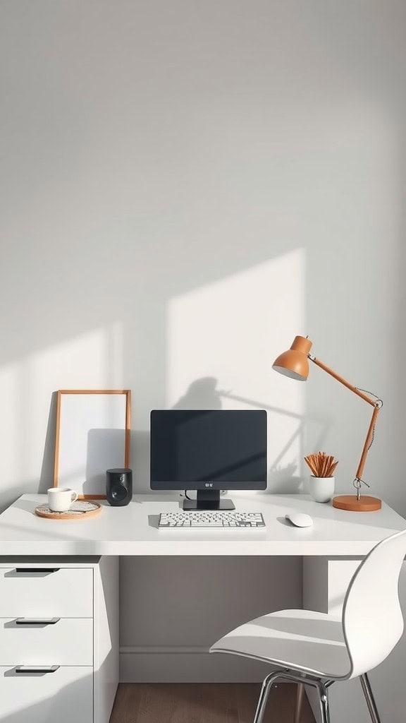 A minimalist desk setup featuring a computer, lamp, and decorative items.