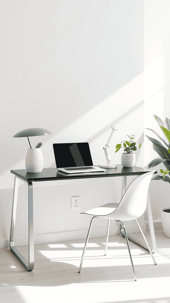 A minimalist desk setup featuring a laptop, a lamp, and some plants in a bright room.