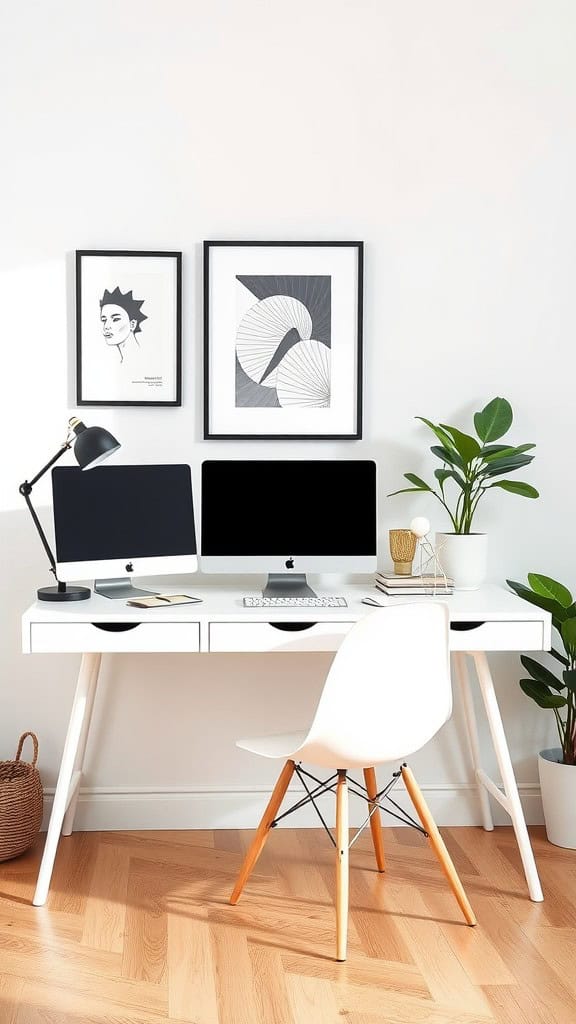 Minimalist desk setup featuring a white desk with two monitors, a stylish lamp, and decorative elements.