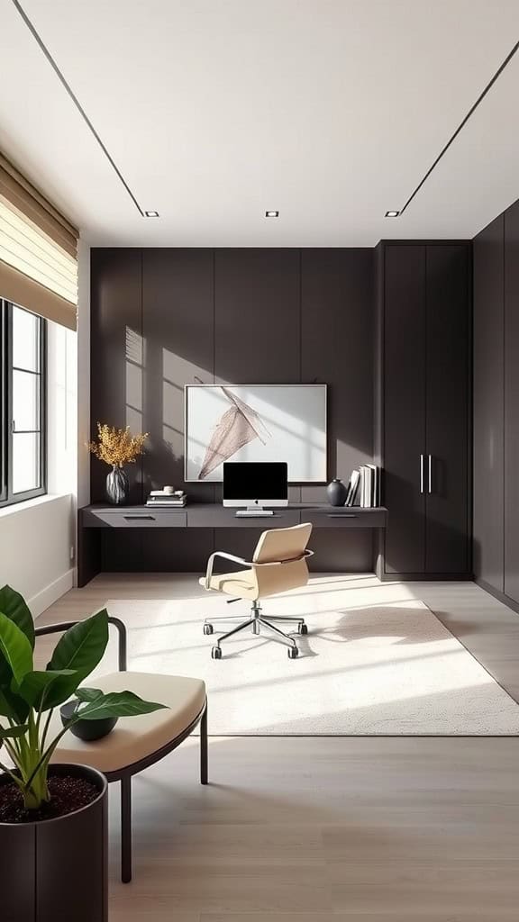 Minimalist luxury home office with dark cabinetry, modern desk, and natural light.