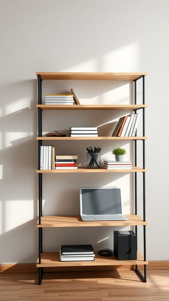 Minimalist shelving unit in a cozy home office, displaying books, a laptop, and decorative items.