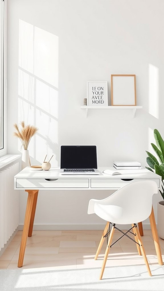 Minimalist white desk with natural wood legs in a bright home office setting.