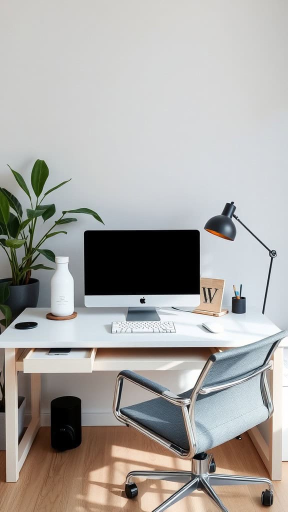 A minimalist workspace featuring a desk, computer, plant, and stylish lamp.