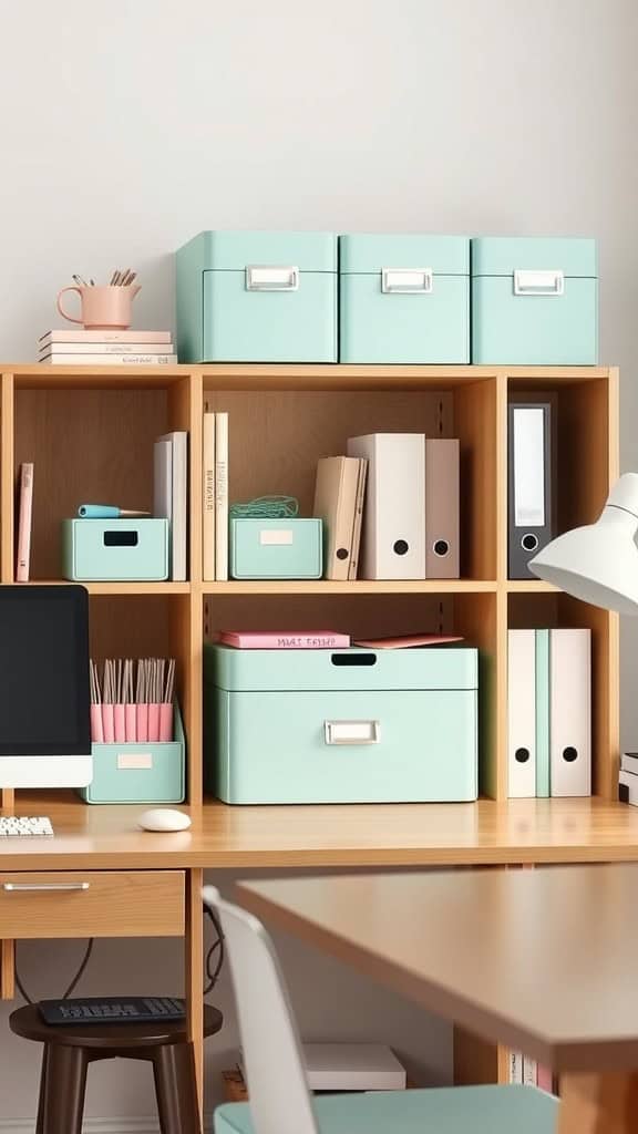 A stylish workspace featuring mint green storage boxes and a modern desk setup.