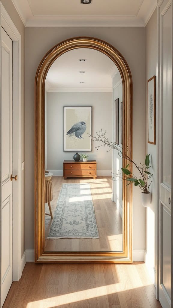 A hallway with a large, ornate mirror reflecting a cozy bedroom with wooden furniture and a plant.