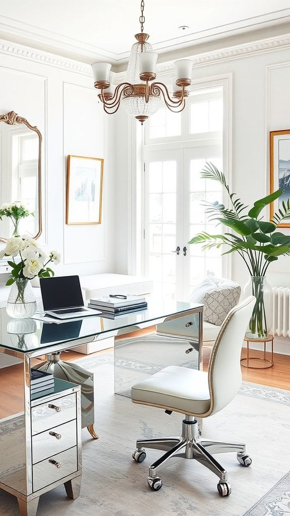 A bright feminine office with mirrored furniture, a stylish chandelier, and green plants.