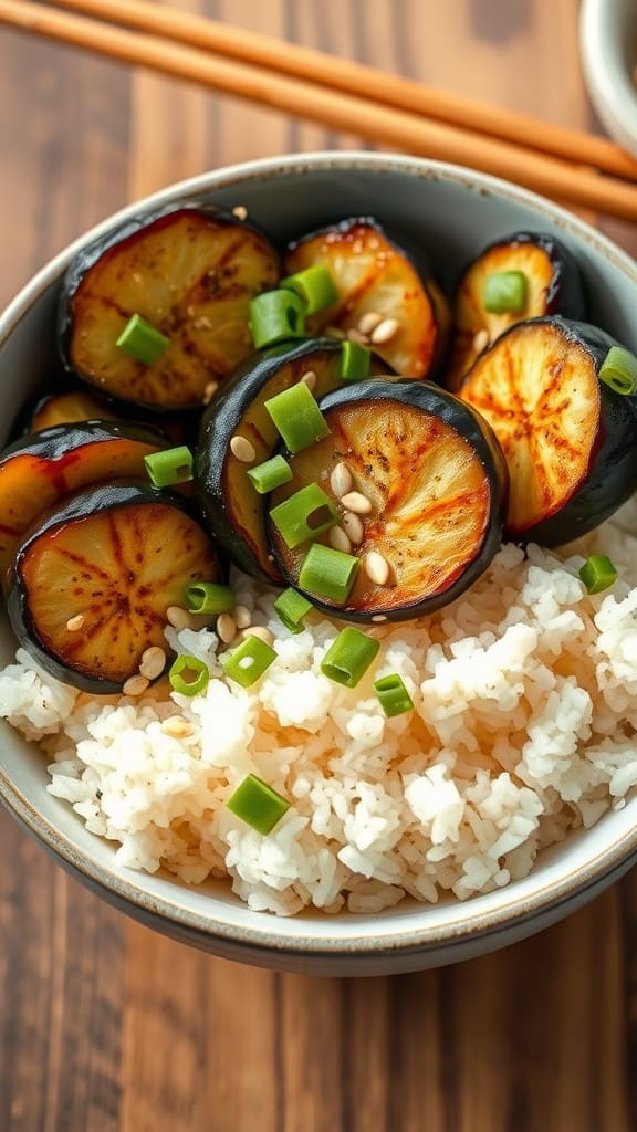 A bowl of rice topped with miso glazed eggplant slices, garnished with sesame seeds and green onions.