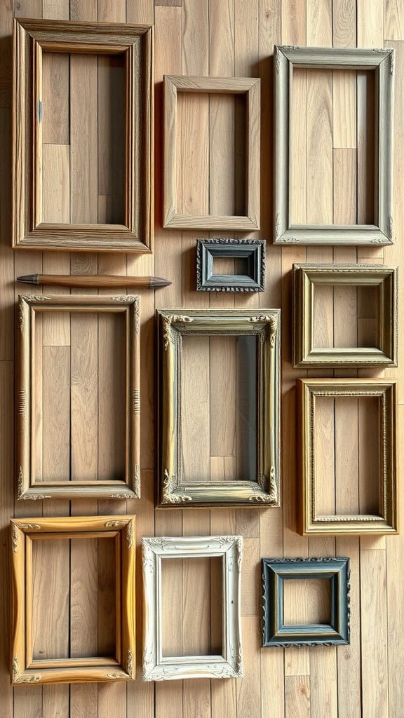 An arrangement of various picture frames on a wooden surface.