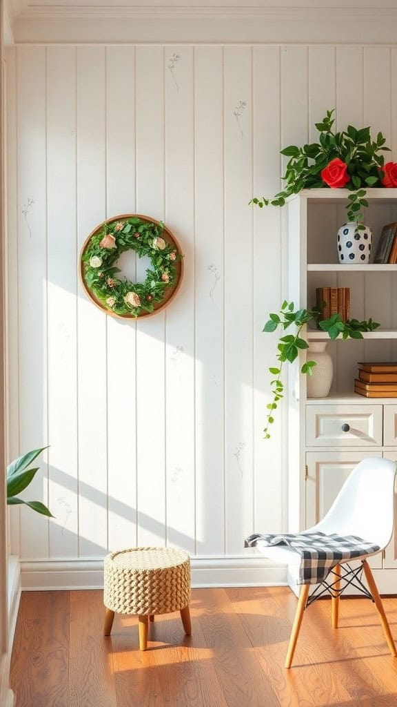 A bright and cozy corner of a home office featuring a woven stool, a sleek white chair, and decorative floral elements.