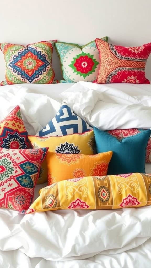 Colorful mixed pattern cushions arranged on a white bed