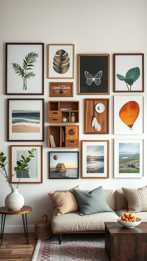 A cozy living room featuring a mix of modern and rustic design elements, with nature-inspired wall art and comfortable furniture.