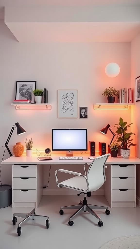 A minimalist workspace featuring neon lighting, a white desk, and plants.