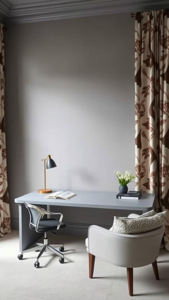 A modern workspace with grey walls, patterned curtains, and a simple desk setup.