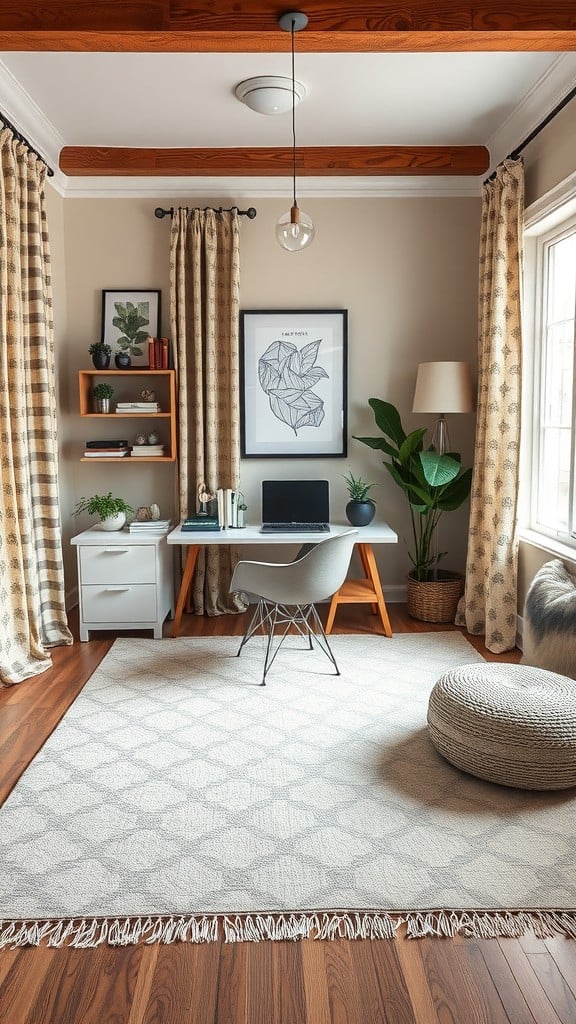 Cozy workspace featuring a neutral rug, patterned curtains, and a modern desk.