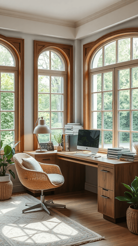 A cozy workspace featuring large arched windows with wooden frames, a wooden desk, a comfortable chair, and plants.