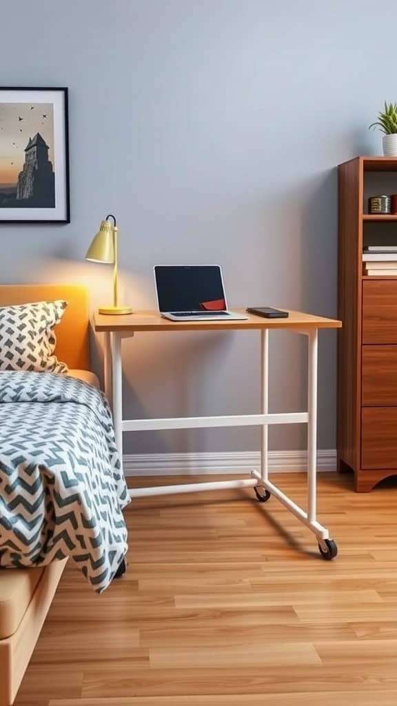 A mobile desk beside a bed in a cozy dorm room setting.