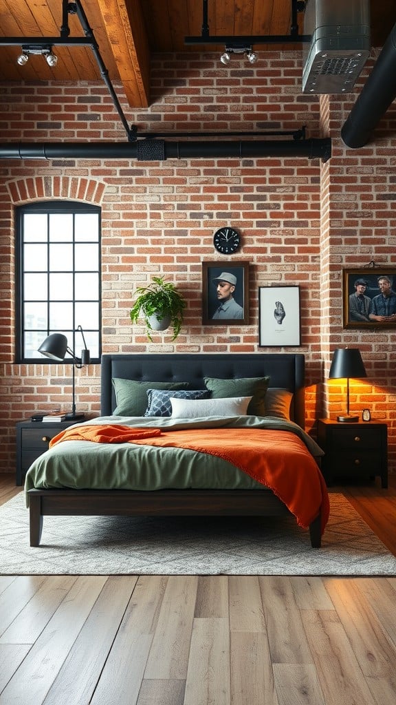 Cozy bedroom with exposed brick walls and modern industrial design elements