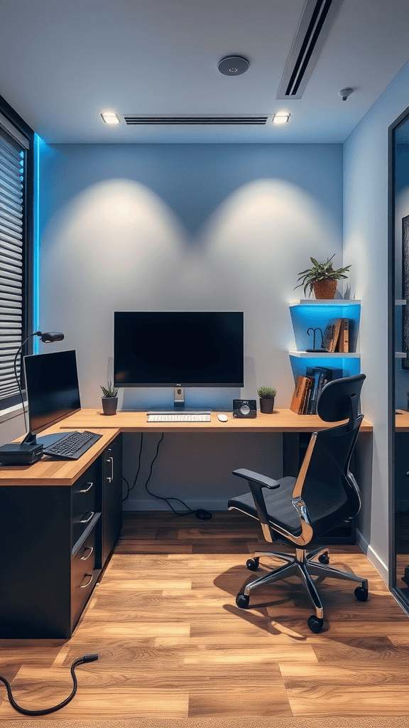 A modern office space featuring a desk with a computer, stylish chair, and smart lighting.