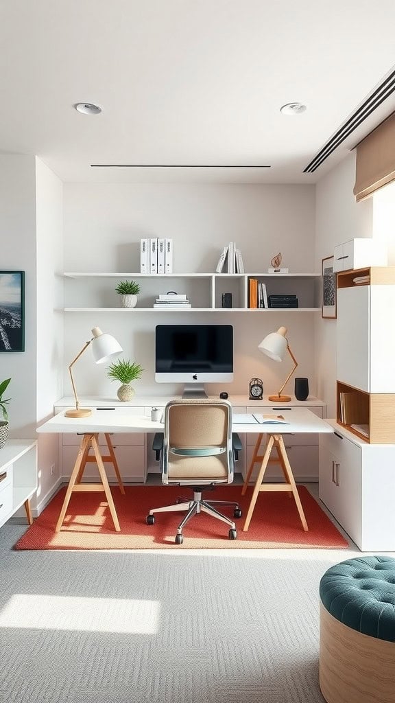 A minimalist home office featuring modular furniture, a desk with a computer, plants, and a cozy atmosphere.