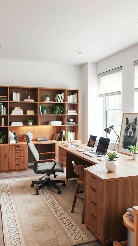 A modern workspace featuring modular furniture, including a desk, chair, shelves with books, and green plants.