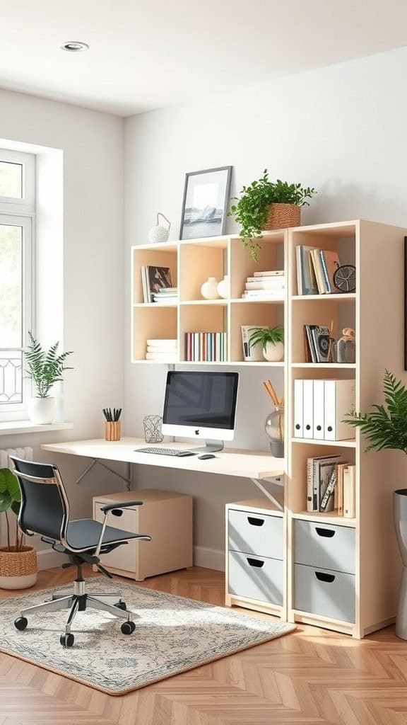 Cozy home office with modular storage cubes in cream and gray.