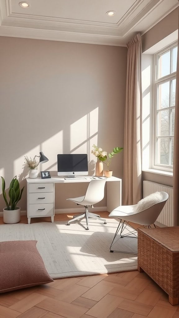 A minimalist home office featuring shades of taupe, cream, and white with a desk, computer, and cozy seating.