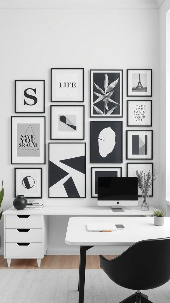 A stylish monochrome gallery wall with various black and white framed art pieces above a sleek white desk in a minimalist home office.